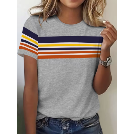 Women Striped Short Sleeve Tee T-shirt Crew Neck Printing Casual Graphic Tee Summer Top