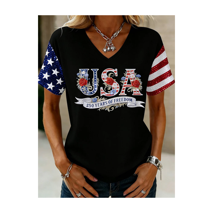 Women Text Letters Short Sleeve Tee T-shirt V Neck Printing Vintage Summer Top