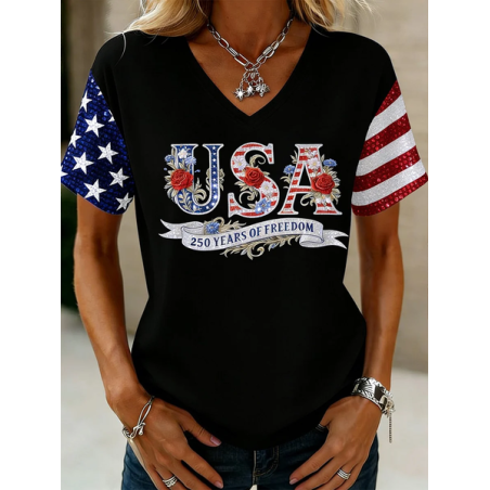 Women Text Letters Short Sleeve Tee T-shirt V Neck Printing Vintage Summer Top