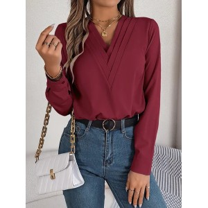 Women Plain V Neck Long Sleeve Shirt Split Joint Casual Daily Spring/Fall Top