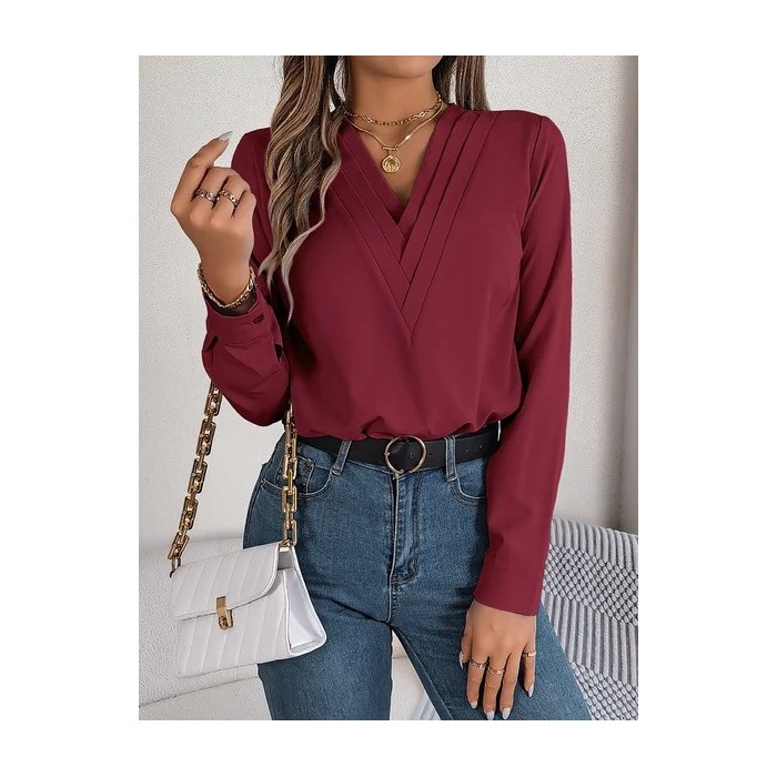 Women Plain V Neck Long Sleeve Shirt Split Joint Casual Daily Spring/Fall Top