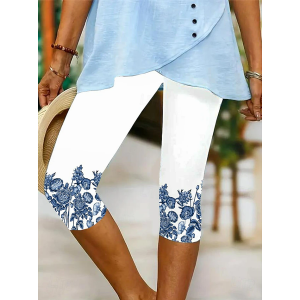 Women Floral Capris Elastic Waist Pants Casual Summer Trousers