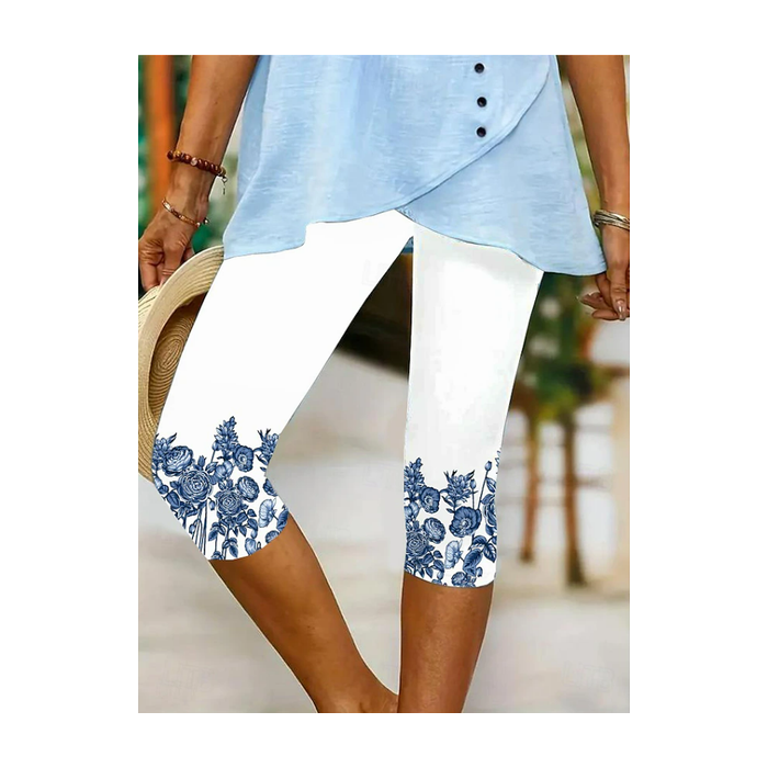 Women Floral Capris Elastic Waist Pants Casual Summer Trousers