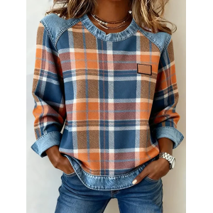 Women's Plaid Print Patchwork Denim Crewneck Long-Sleeved Sweatshirt