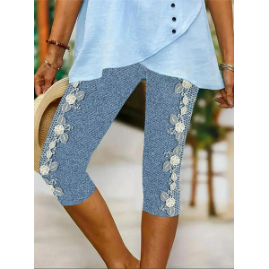 Women Floral Capris Elastic Waist Pants Casual Summer Trousers