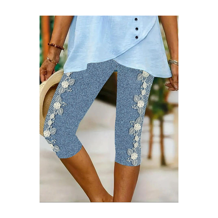 Women Floral Capris Elastic Waist Pants Casual Summer Trousers
