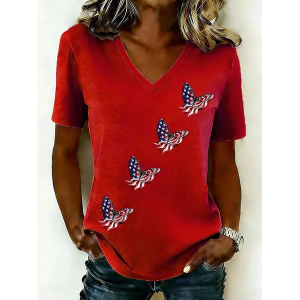 Women Butterfly Short Sleeve Tee T-shirt V Neck Printing Vintage Summer Top