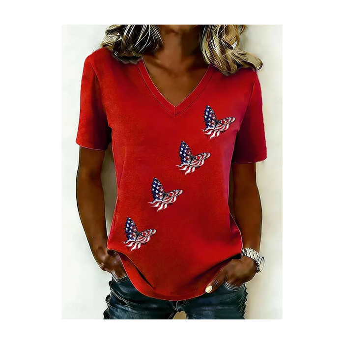 Women Butterfly Short Sleeve Tee T-shirt V Neck Printing Vintage Summer Top
