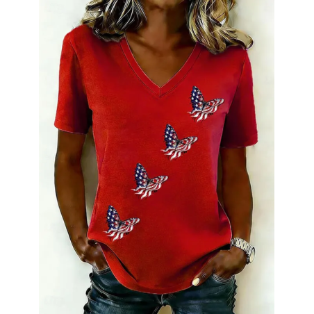 Women Butterfly Short Sleeve Tee T-shirt V Neck Printing Vintage Summer Top