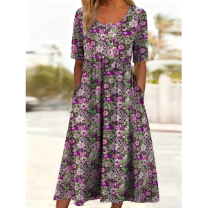 Women Floral Short Sleeve Crew Neck Printing Dress Daily Casual Maxi Shift Dress H-Line Summer Dress