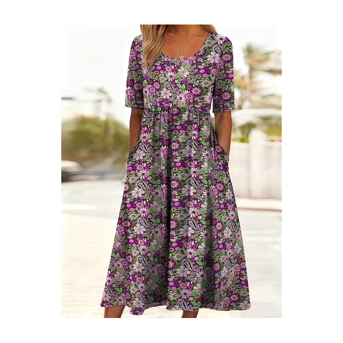 Women Floral Short Sleeve Crew Neck Printing Dress Daily Casual Maxi Shift Dress H-Line Summer Dress