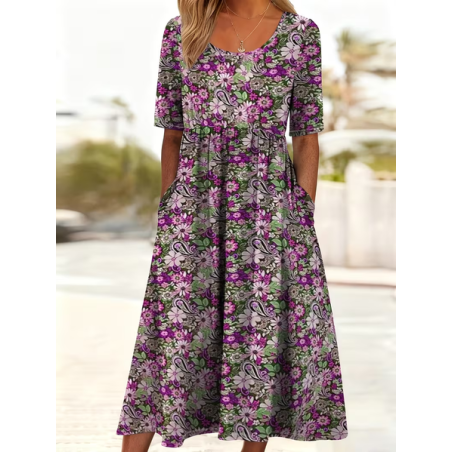 Women Floral Short Sleeve Crew Neck Printing Dress Daily Casual Maxi Shift Dress H-Line Summer Dress