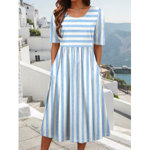 Women Striped Short Sleeve Crew Neck Printing Dress Daily Casual Maxi Shift Dress H-Line Summer Dress