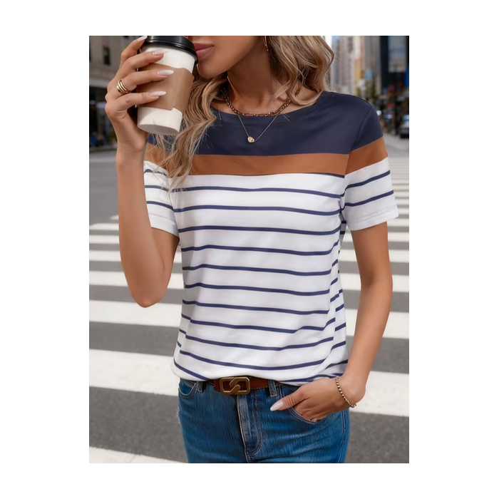 Women Striped Short Sleeve Tee T-shirt Crew Neck Printing Casual Graphic Tee Summer Top
