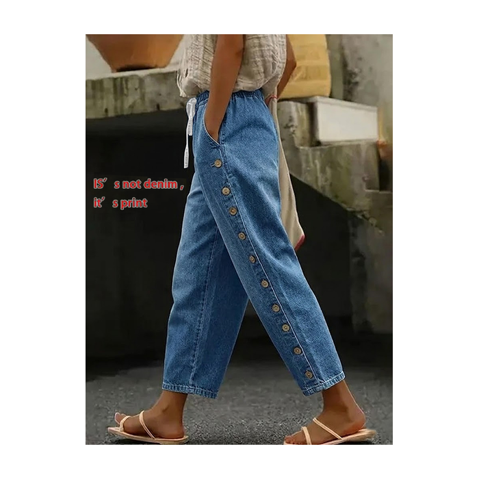 Women Faux Denim Print Graphic Long Pants Casual Spring/Fall Trousers