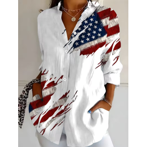 Women America Flag Shirt Collar Long Sleeve Shirt Buckle Regular Sleeve Casual Daily Spring/Fall Top
