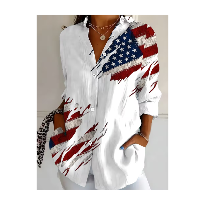 Women America Flag Shirt Collar Long Sleeve Shirt Buckle Regular Sleeve Casual Daily Spring/Fall Top