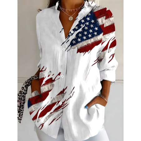 Women America Flag Shirt Collar Long Sleeve Shirt Buckle Regular Sleeve Casual Daily Spring/Fall Top