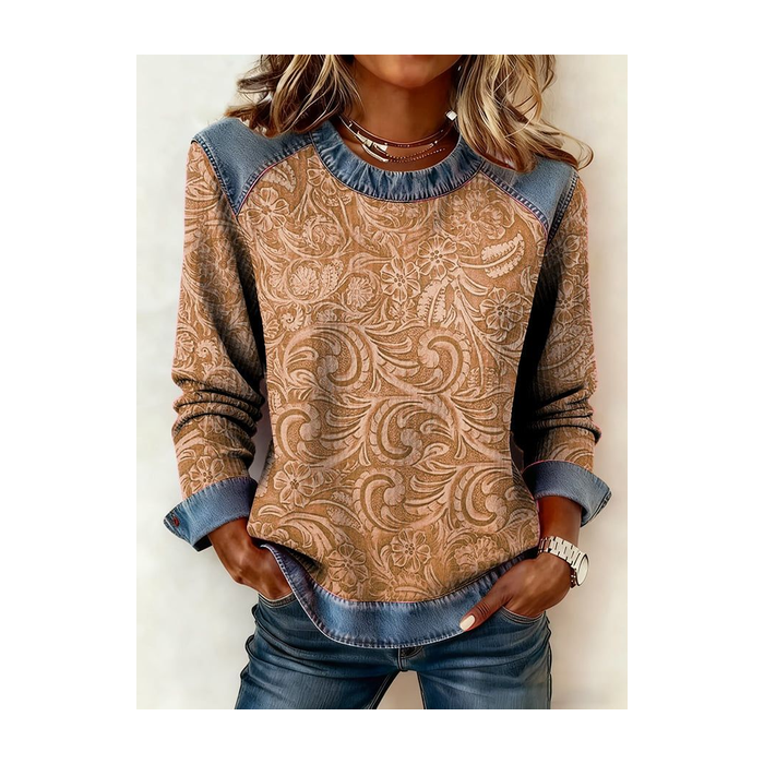 Women's Floral Print Patchwork Denim Crewneck Long-Sleeved Sweatshirt