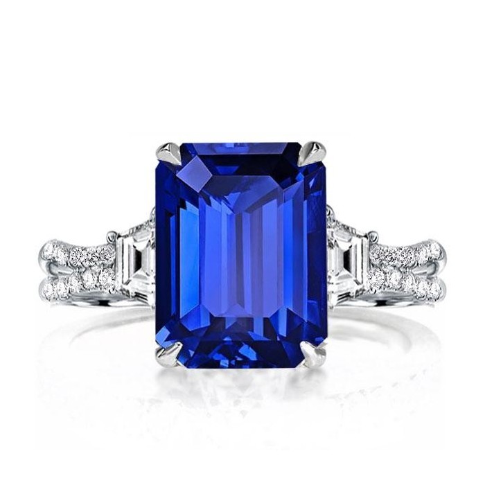 Italo Created Blue Sapphire Ring Three Stone Engagement Ring