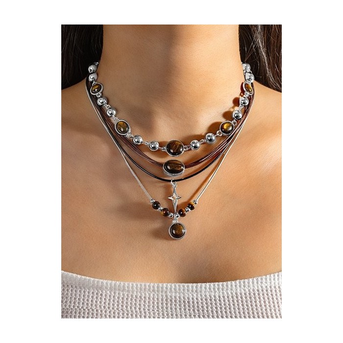 Maillard Color Scheme Fashionable Round Acrylic Six-pointed Star Pendant Multi-layer Necklace