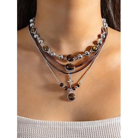 Maillard Color Scheme Fashionable Round Acrylic Six-pointed Star Pendant Multi-layer Necklace