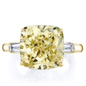 Golden Three Stone Cushion Cut Yellow Sapphire Engagement Ring