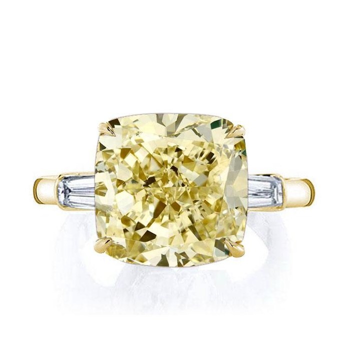 Golden Three Stone Cushion Cut Yellow Sapphire Engagement Ring