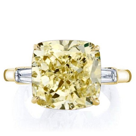 Golden Three Stone Cushion Cut Yellow Sapphire Engagement Ring