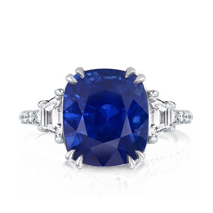 Three Stone Cushion Cut Blue Sapphire Engagement Ring
