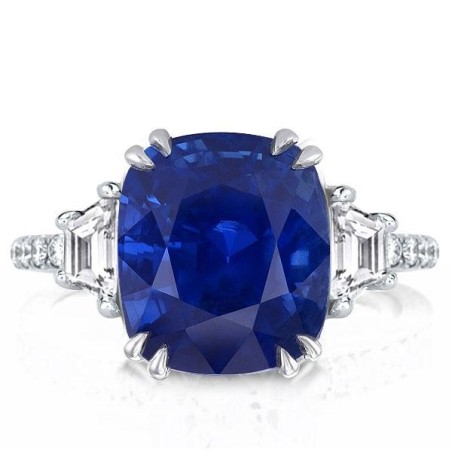 Three Stone Cushion Cut Blue Sapphire Engagement Ring