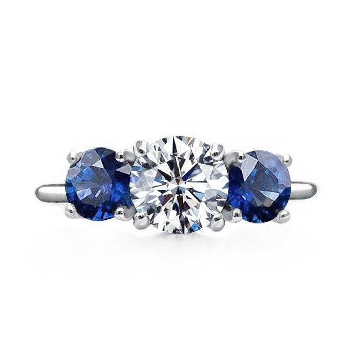Three Stone Round Cut Blue Sapphire Engagement Ring