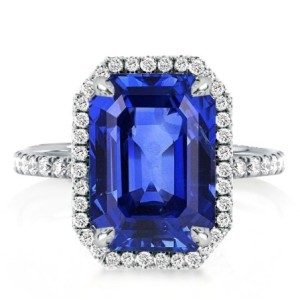 Halo Emerald Cut Blue Sapphire Engagement Ring
