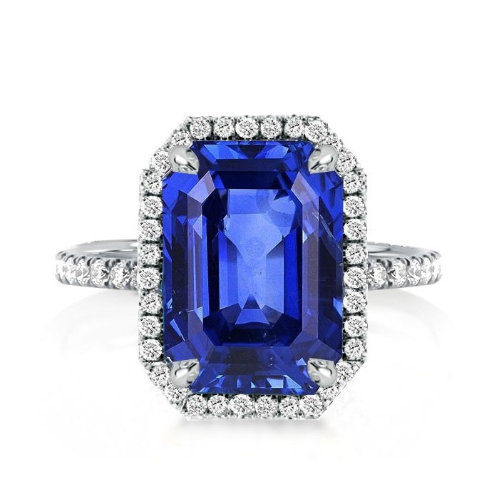 Halo Emerald Cut Blue Sapphire Engagement Ring