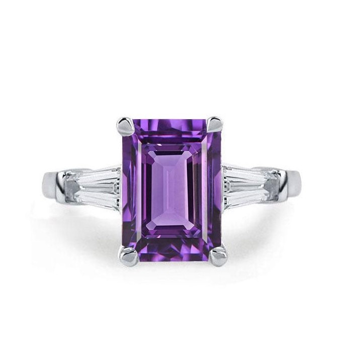 Three Stone Emerald Created Amethyst Engagement Ring