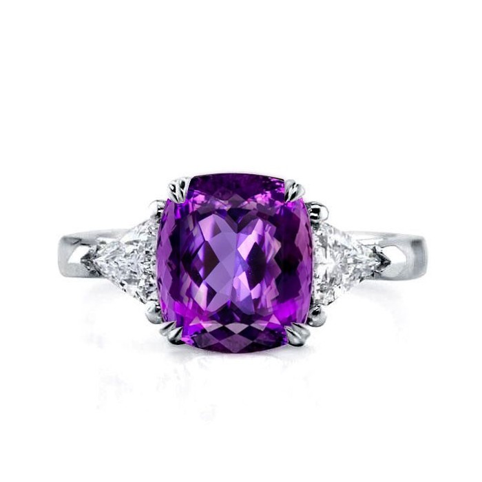 Three Stone Cushion Created Amethyst Engagement Ring