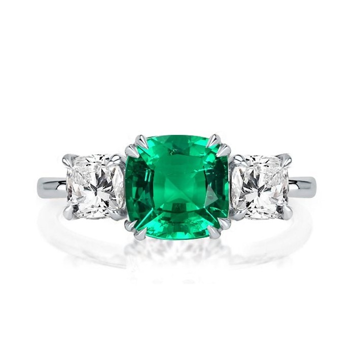 Double Prong Three Stone Emerald Green Cushion Cut Engagement Ring