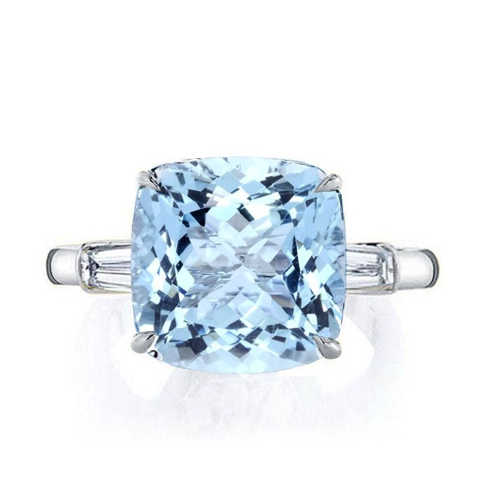 Italo Aquamarine Ring Cushion Cut 3 Stone Engagement Ring