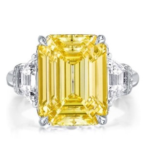 Three Stone Emerald Cut Yellow Topaz Engagement Ring
