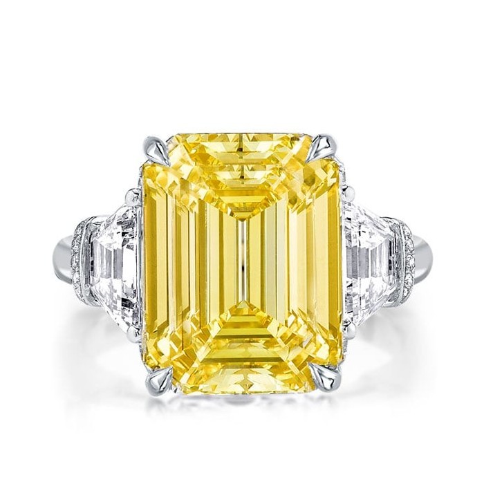 Three Stone Emerald Cut Yellow Topaz Engagement Ring