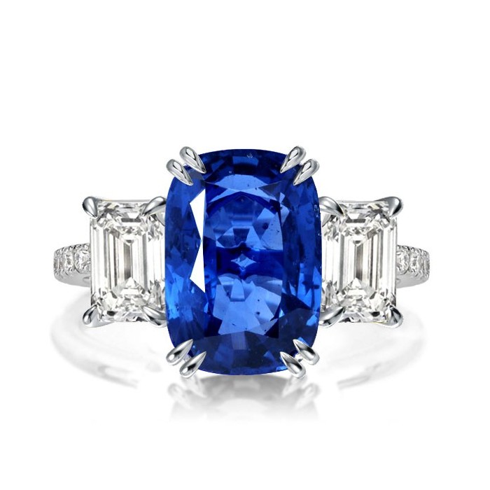 Three Stone Cushion Cut Blue Sapphire Engagement Ring For Women