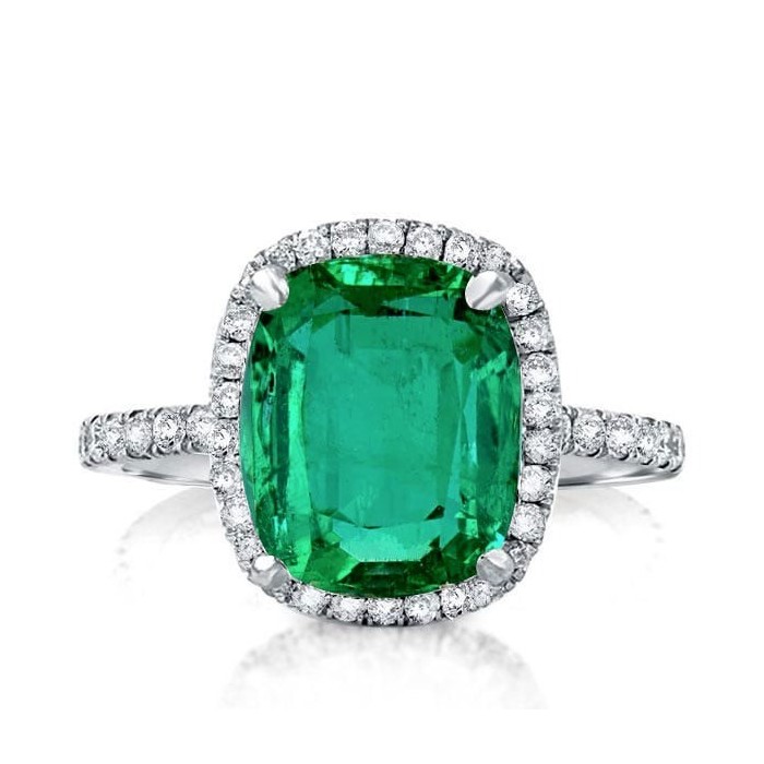 Halo Cushion Cut Emerald Engagement Ring In Sterling Silver