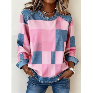 Women's Plaid Print Patchwork Denim Crewneck Long-Sleeved Sweatshirt