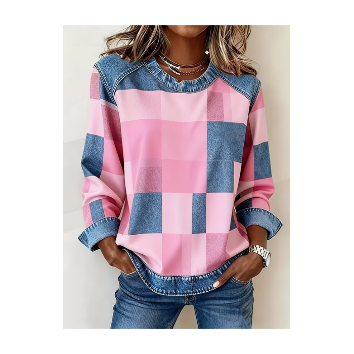 Women's Plaid Print Patchwork Denim Crewneck Long-Sleeved Sweatshirt