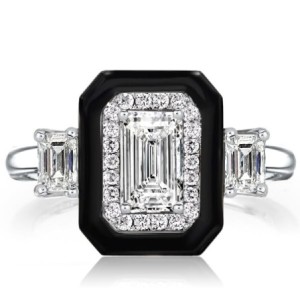 Italo Black Ring Halo Three Stone Emerald Cut Engagement Ring