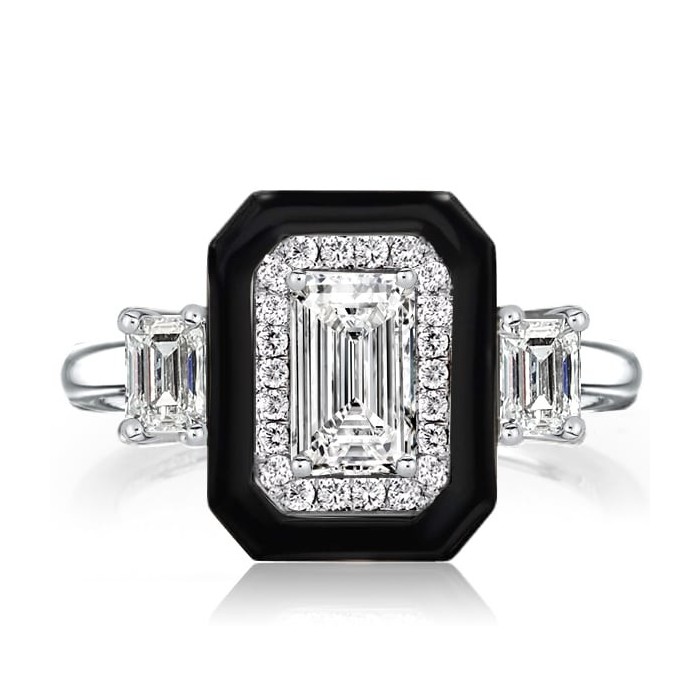 Italo Black Ring Halo Three Stone Emerald Cut Engagement Ring
