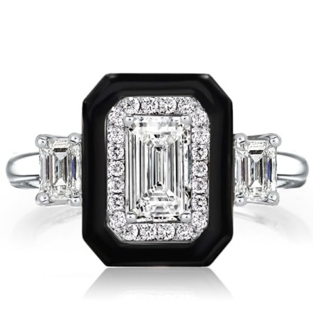 Italo Black Ring Halo Three Stone Emerald Cut Engagement Ring