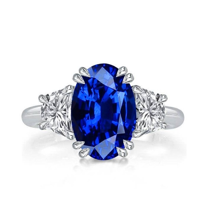 Italo Three Stone Oval Cut Blue Sapphire Engagement Ring