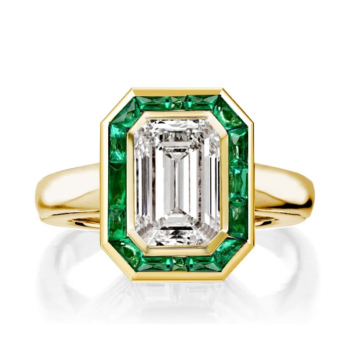Halo Emerald Cut Engagement Ring Bezel Setting Solitaire Engagement Ring