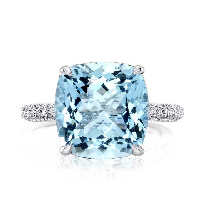 Italo Aquamarine Ring Hidden Halo Cushion Cut Engagement Ring